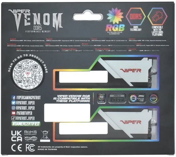 Пам'ять для настільних комп'ютерів Patriot 64 GB (2x32GB) DDR5 6000 MHz Viper Venom RGB (PVVR564G600C36K) 579675ua фото