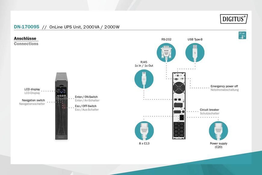 ИБП непрерывного действия (Online) Digitus OnLine 2000VA/2000W LCD 8xC13 RJ45 RS232 USB Rack/Tower (DN-170095) 013559 фото